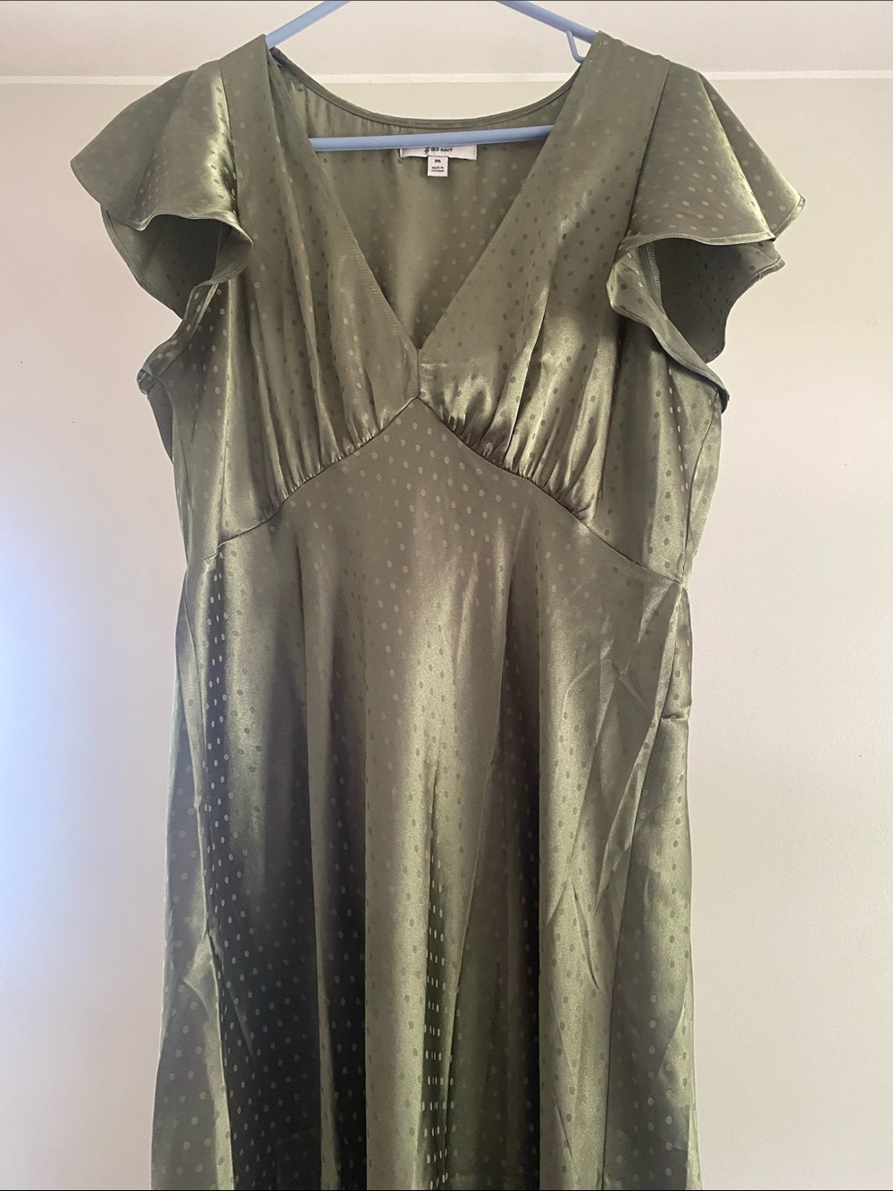 Olive Green Satin V-Neck Flutter Sleeve Dressing